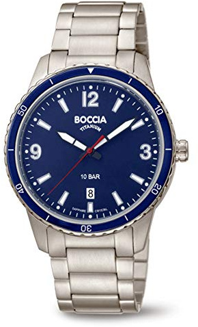 Boccia Sport Herren Armbanduhr mit Gehäuse aus Titan, in der Farbe: Silber, Armband aus: Edelstahl in Blau, Gehäusedurchmesser: 42 mm, 3635-04