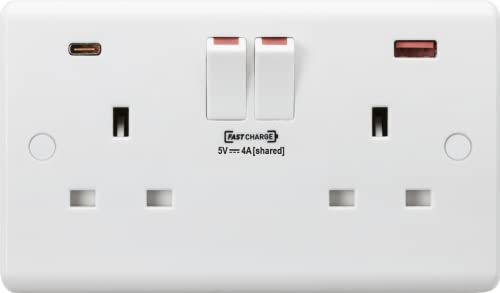 Knightsbridge CU9909 Curved Edge Twin Switched Socket with Dual Fastcharge USB Ports in White, 86.0 mm*146.5 mm*7.0 mm