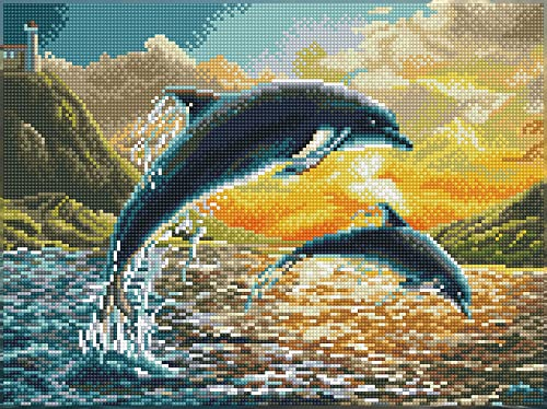 DIAMOND DOTZ Diamond Dotz Squares Dolphin Sunset ca. 31 5 x 42 cm groß Diamond Painting Malen mit Diamanten funkelndes Bild zum Selbstgestalten für Kinder und Erwachsene Bunt