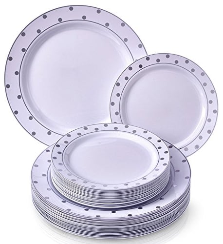 Silver Spoons Fancy 40 PC DINNERWARE Set | 20 Dinner Plates | 20 Side Plates | Heavyweight Dishes | Elegant Fine China Look | for Upscale Wedding and Dining (Dots– White/Silver) 1835-TT