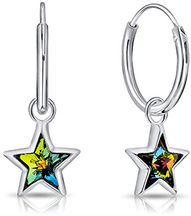 DTPsilver® KLEINE Creolen Ohrringe 925 Sterling Silber mit Baumeln Swarovski® Elements Kristall Stern - Dicke 1.2 mm - Durchmesser 12 mm - Stern Durchmesser: 7 mm - Farbe : Vitrail Medium