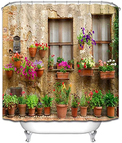 YUAOEUR Garden 3D Shower Curtain Fresh Plant Countrylife Style Retro Old Stone Wall Floral Basket Door Scenery with Green Plants Scenery Bathroom Decoration Curtains with Hook 71X 71 inch Green Brown