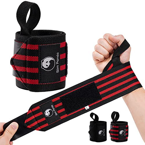 Slim Panda Zughilfen für Krafttraining,Profi Lifting Straps 60 cm,Handgelenk Bandagen Gym 45CM,Wrist Wraps für Männer, Frauen, Kabelmaschine, Heim-Fitnessstudio (Schwarz Rot)