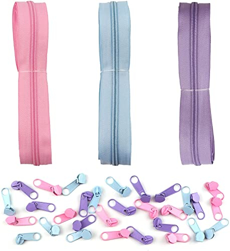 DOITEM 5 mm Reißverschluss 15 Meter Nylon Endlosreißverschluss Set mit Schieber und Zipper für Röcke, Rucksack, Heimtextilien (Helles Lila Hell-Pink Hellblau)