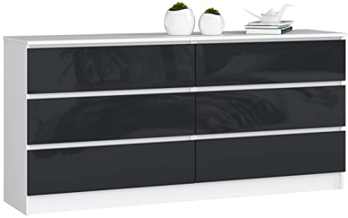 AKORD Kommode K-160 mit 6 (2 x 3) Schubladen | für das Wohnzimmer Schlafzimmer Schrank Büro Arbeitszimmer | Modernes Funktionales Design | B160 x H77 x T40 cm, Gewicht 70 kg | Weiß/Graphit Glänzend
