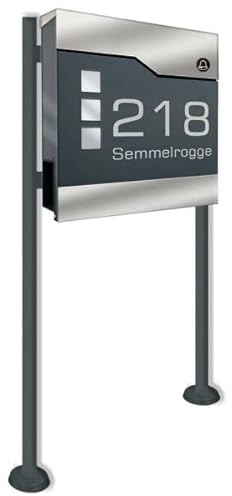 Briefkasten in anthrazit incl. Standfuß, Beschriftung und FUNKKLINGEL - aus pulverbeschichtetem Stahl mit Zeitungsrolle und Sichtfeldern