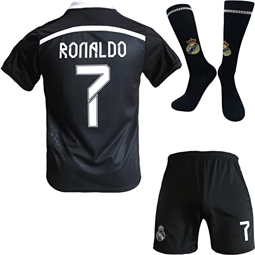 BlackAzat Madrid Heim #7 Retro Black Dragon Limitierte Sonderedition Seltenes Fußball Kinder Trikot Shorts Socken Set Jugendgrößen (Schwarz,26)
