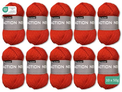 BellaLana Wolle Action New, Allzweckgarn, Stricken, 10x50gr, Rot | 100% Polyacryl-Garn, weich, angenehm & pflegeleicht - Lauflänge ca. 133m - Nadelstärke 3-4 - für Pullover, Schals, Decken