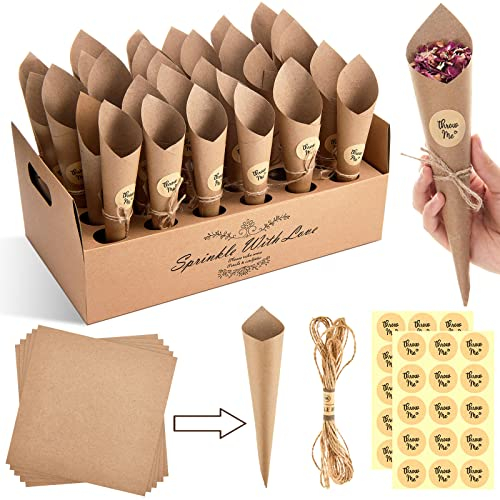 30 Stück Party Hochzeit Konfetti Kegel Halter Box Set Ständer Tablett Blütenblätter Blumenstrauß Süßigkeiten Konfetti Kraftpapier Kegel inklusive Seilen und Aufkleber (Braune Papier Farbe)