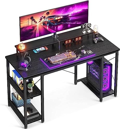 ODK Schreibtisch, Gaming Tisch mit Regal Reversibel, Computertisch mit Monitorständer, Gaming Schreibtisch PC Tisch Bürotisch für Büro, Wohnzimmer (Schwarz, 120x50x86.5cm)