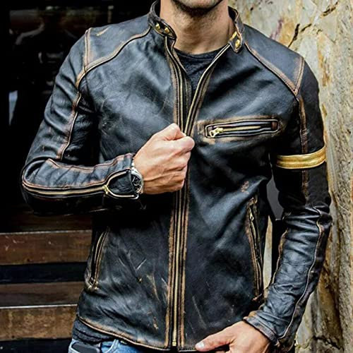 RGVV Chiodo Pelle Uomo, Giubbotto Bomber Vintage con Cerniera da Uomo Giacca in Pelle Pu Nera Giacche Casual da Moto con Colletto alla Coreana Giacca A Vento con Tasca per Sport Indoor All'Aperto,M