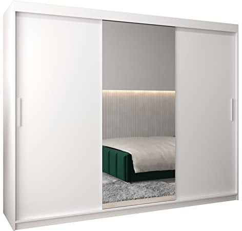 ABIKSMEBLE Tokyo 1 250 Armario de Dormitorios con Tres Puertas Correderas - Armario de Almacenamiento Moderno con Espejo, Perchero y Estantes - 250x200x62 cm - Blanco Mate