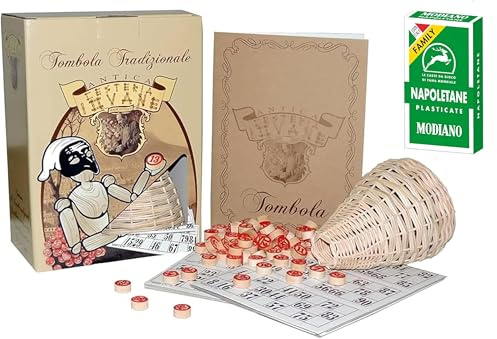 Tombola Classica Napoletana con Cartellone Tradizionale con Smorfia numeri in legno Panariello in Vimini carte da gioco Napoletane Modiano