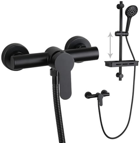 HMAKGG Colonne de Douche Noir avec Douchette à Main 3 Jets, Barre de Douche, Support Pommeau de Douche avec Porte-Savon et Flexible 1,5m, Ensemble Douche Murale