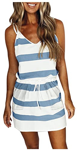 Sommerkleid Damen Kurz - Spaghetti Träger Kleid Damen Sommer -Gestreifte Minikleid Damen Sexy Ärmellos V Ausschnitt Kleider Strandkleid Sommerkleider Teenager Mädchen Trägerkleid Partykleid