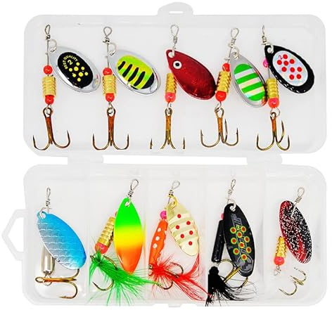 Steinn 10 Stück Spinner Blinker Spoon Set mit Drillinge Haken, Pailletten Kunstköder 3.0g - 5.5g für Forelle Barsch Lachs Hecht Zander Angelköder mit Köderbox