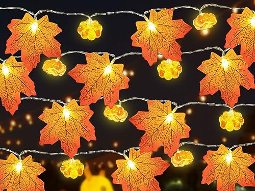 Hitopin Lichterkette Herbst Halloween, 5M 50 LED Ahornblätter Kürbis Deko Lichterketten, Halloween-Lichterketten Kürbis-Ahornblätte, für Herbstdeko Erntedankfest Halloween Innen und Außen Deko (Type1)