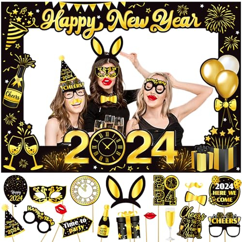 Silvester Deko 2025, Silvester Foto Requisiten XXL Silvester Fotorahmen Bilderrahmen Schwarzes Gold, Neujahr Photo Booth Props Fotobox Accessoires Silvester Party Zubehör