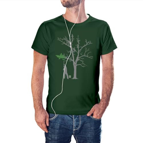 KMF T-SHIRT - Camiseta Hombre arbol Pintado (XS, Verde Botella)