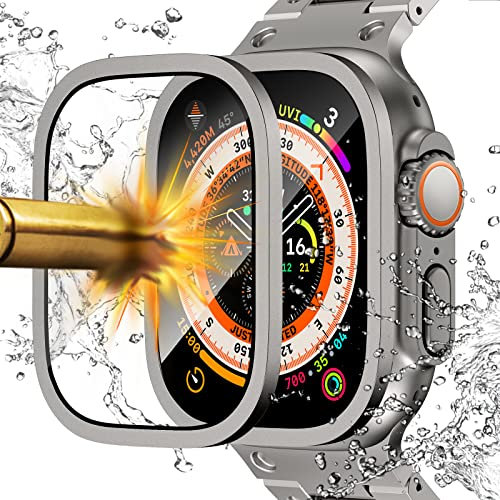 NewWays Protector de pantalla compatible con Apple Watch Ultra 2/Ultra de 49 mm, marco de aleación de titanio integrado película de vidrio templado 9H, carcasa de metal ligera e impermeable para