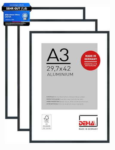 DEHA Design Aluminium Bilderrahmen Tribeca, 29,7x42 cm A3 2er Set, Schwarz | Aluminium Posterrahmen im Hoch- & Querformat zum Aufhängen Schwarz gebürstet bruchsicheres Kunstglas