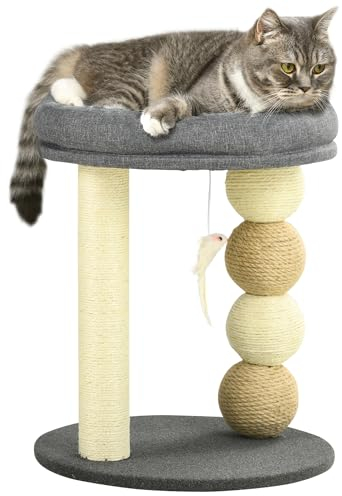 PawHut Árbol Rascador para Gatos Pequeño Torre para Gatos Centro de Actividades para Gatitos con Nido 4 Bolas y Poste de Sisal Carga 15 kg Ø40x48 cm Gris y Beige