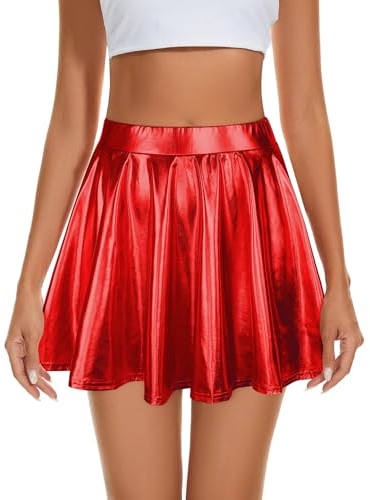 Durio Damen Rock Kurze Metallischer Faltenrock Mini Skater Rock Glitzer Rave Party Hohe Taille Elastischer Plisseerock Rot S