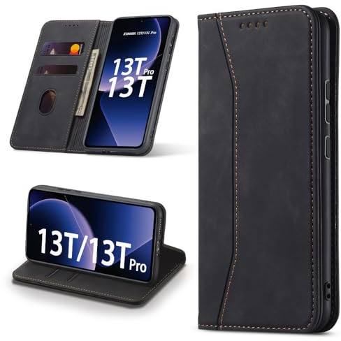Leaisan Handyhülle für für Xiaomi 13T Hülle, für Xiaomi 13T Pro Hülle Premium Leder Flip Klappbare Magnetische [Standfunktion] [Kartenfächern] Schutzhülle Xaiomi 13T/13T Pro Tasche - Schwarz