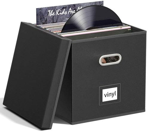 Aolawco 12-inch Leather Vinyl Record Storage Box, Folding LP storage boxes Holds up to 90+ Single Records, CD Storage Case, Records Organizer for Albums, CDs, Passports - Black(Patented Design)