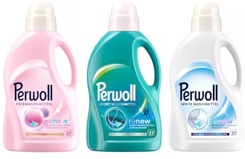 PERWOLL Flüssig-Set 3x 27 Waschladungen (81WL) 1x Für Wolle & Feines & 1x Sport & 1x White, Feinwaschmittel-Set mit Dreifach-Renew-Technologie & Hygiene Waschmittel entfernt schlechte Gerüche