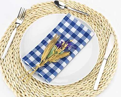 LAN&LAN - Nappe Rectangulaire Lavable en Polycoton, Nappes à Carreux pour L'intérieur et L'extérieur (Bleu, 6 Serviettes)