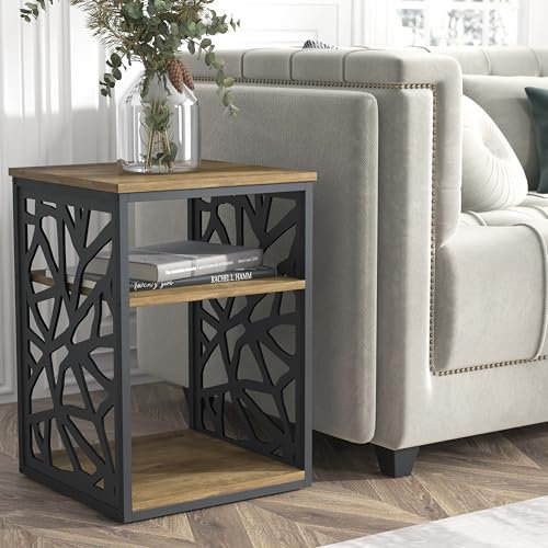 Galano Candence Side Table with Shelf – Modern Metal Frame Cabinet for Bedroom, Living Room, Entryway, or Hallway – Space-Saving Design – Distressed Oak Finish