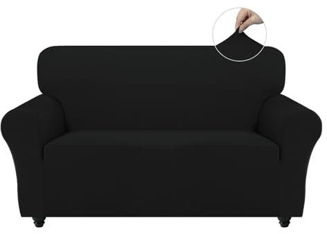 Easy-Going Stretch Sofa Überzug 2 Sitzer, Rutschfester Sofabezug für Hund Katze, Waschbarer Fleece Couch Überzug Bezug, Weicher Küchensofa Couch Cover, 1 Stück Sofaschoner mit Armlehnen, Schwarz