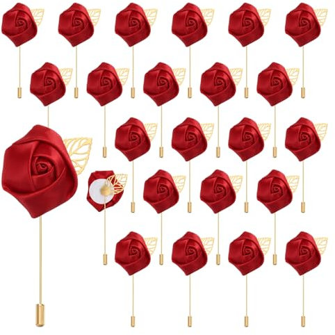 QUARKZMAN 24pz Rosa Rosso Vino Corpetto di Fiori Artificiali Asole Tasca Boutonniere Spilla per Cerimonia Nozze Anniversario Ballo Formale Cena Festa
