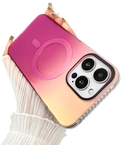 UZEUZA Magnetic Fluorescent Iridescent Gradient Luxury Phone Case for iPhone 15 Pro Max[Compatible with MagSafe] Matte Texture Shockproof Protective Slim Phone Cover for Women Men,Pink Magenta