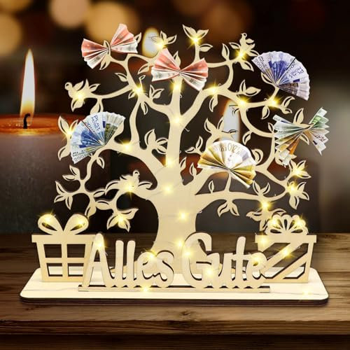 Idota Geldbaum Geschenk für Geburtstag und Hochzeit - Lebensbaum Deko Mit LED, Holz, Personalisierbar - Geldgeschenke Verpacken