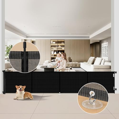 Barrière Sécurité pour Enfant Chien, 1.5M 3M 5M Barriere de Securite Retractable, avec Renforcement en Fibre de Verre, Large Barriere de Securite pour Escaliers Intérieurs et Extérieurs (Noir, 5M)