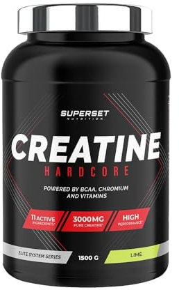Superset Nutrition - Creatine Hardcore (1,5kg) - Poudre soluble - 3g de créatine monohydrate par dose, BCAA, Glucides - Récupération optimale et puissance - Adaptée aux sports intenses - Lime