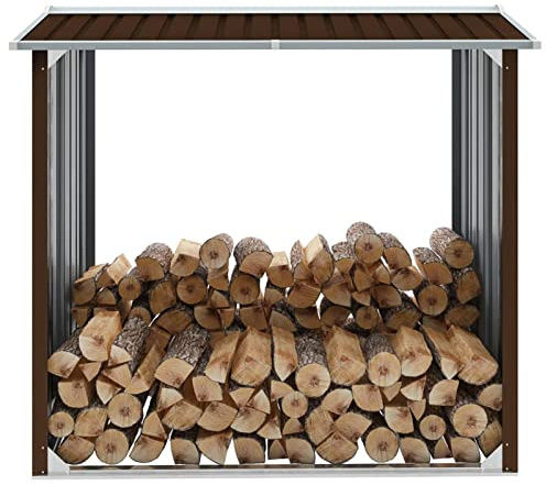 Sufrk Loggförvaring, skjul, galvaniserat stål, 172 x 91 x 154 cm, brun-vedhållare, inomhus, vedspis, utomhus, öppen spis, kraftig träförvaringssats för eldstadsverktyg