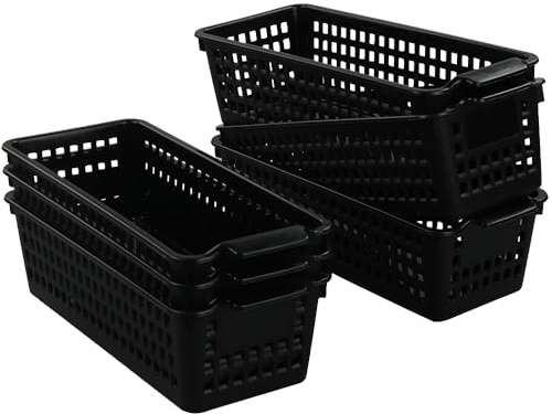 Begale 6 Pack Slim Plastic Storage Baskets, Small Cupboard Basket, Black