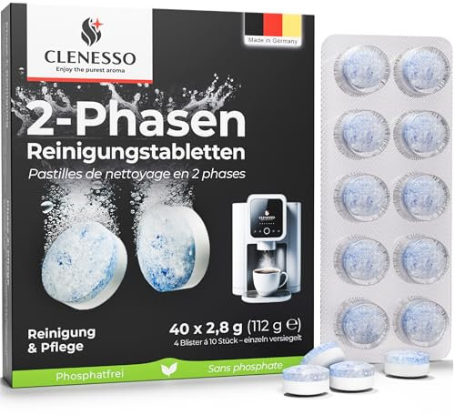 CLENESSO 2-Phases Pastille nettoyage machine a cafe (40 unités) – nettoyage compatibles avec Jura, Tassimo, Phillips, etc. – détartrant pour un nettoyage et un entretien optimaux