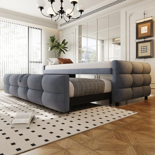 Zepneiy Bett 90/180x190cm, Schlafsofa mit Ausziehbares, Polsterbett Doppelbett, Eddy Samt Stoff Pink(Ohne Matratze)