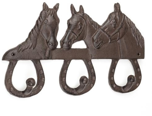 Wandhaken Gusseisen Pferde 3 Haken Landhaus Vintage Design Pferdekopf Garderobenhaken Hakenleiste Wanddeko für Flur Stall Garderobe braun 29x17,5x3,5 cm