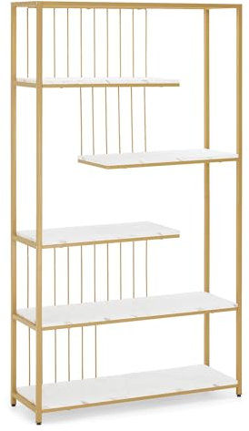 Barberpub Bücherregal Gold, Standregal mit 5 Ebenen, Büroregal mit Metallrahmen, Regal für Büro, Wohnzimmer, Schlafzimmer, Küche, Nagelstudio, Marmor-Weiß, 30x100x180cm, 5177