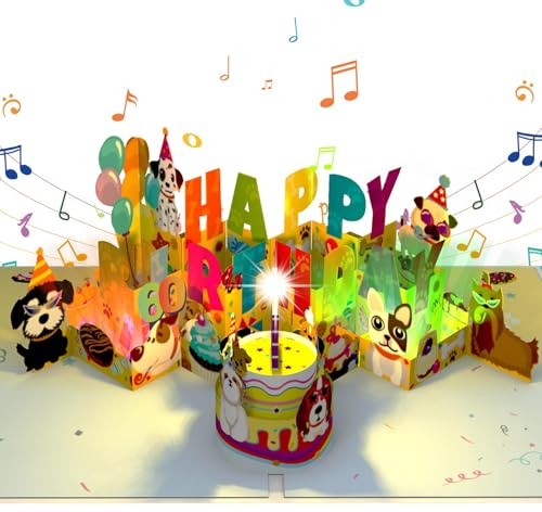 Musikalische Geburtstagskarte für 60 Jahre alte Männer/Frauen, 3D-Hunde-Pop-Up-Karte zum 60. Geburtstag, mit Musik & Lichtern & Blasbare Kerze für 60-jährige Frauen, Männer, Mutter, Vater