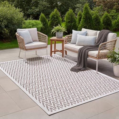 the carpet Calgary - Outdoor Teppich Wetterfest für Balkon & Terrasse, Robuster Flachgewebe Teppich für Garten, Pflegeleicht In- & Outdoor, Boho Vintage Design, Beige Creme, 80 x 150 cm