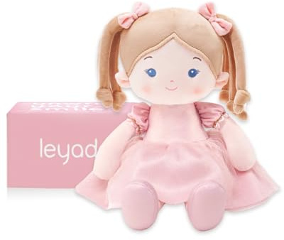 LeyaDoll Stoffpuppe 30 cm, Geschenk Mädchen 1 Jahr, Baby Spielzeug | Rosa Geschenkbox, gesticktes Gesicht & extra weicher Stoff – kuschelig für Babys und einfach maschinenwaschbar.