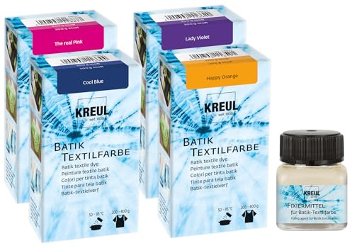 KREUL - 35604-98598 Batik-Textilfarbe 4er Set Trendfarben + 20 ml Fixiermittel, Stofffarbe zum Färben und Batiken von Textilien, Pink, Violett, Blue, Orange