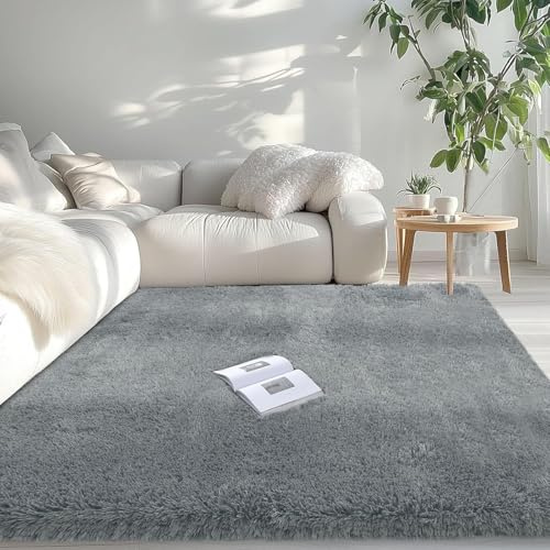 ANJIAJIE Anti-Rutsch Hochflor Shaggy Teppich 50 x 80 cm Langflor Weich Soft Modernes Einfarbiges Design Wohnzimmer Anti Rutsch Extra für Schlafzimmer Küche Geeignet, Grau