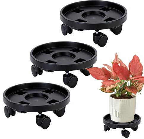 BORDEAG 3 Pièces Porte Plante a roulettes, 29.5 x 29.5 x 5 cm Soucoupe Pot Fleur, Soucoupe Pot Fleur, Supports de Pots de Fleurs à roulettes pour Intérieur et Extérieur Capacité de Charge 50 Kg Noir